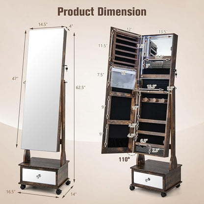 CHARMAID Rolling Jewelry Armoire with Full Length Mirror, Lockable Standing Jewelry Cabinet Organizer with Wheels & 3-Color Lights, Mirror with Jewelry Storage, Drawers & Shelves (Rustic Brown)