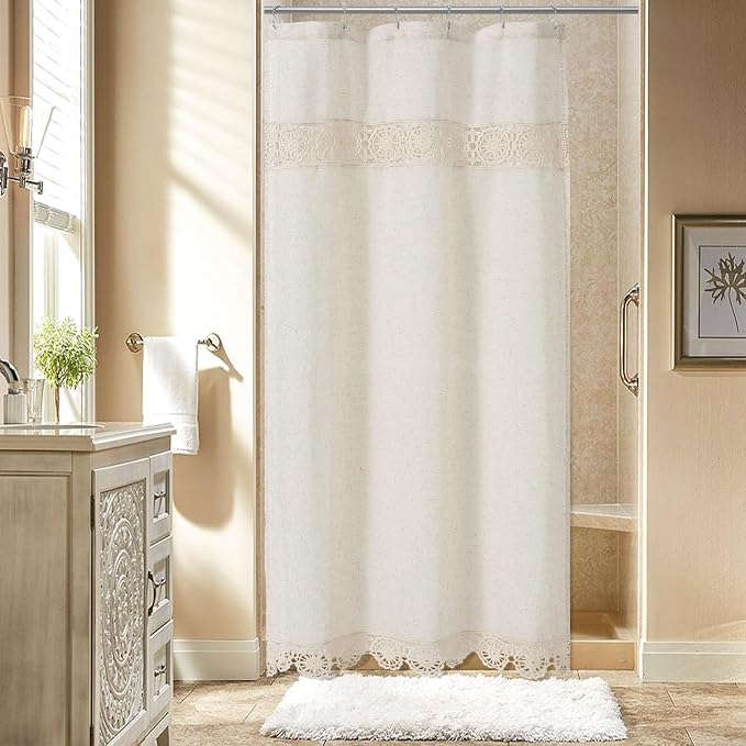Small Stall Linen Lace Shower Curtain Liner Set 36x72 | Narrow Half Farmhouse Shower Curtain with Macrame Decor, Cotton Bohemian French Country Bath Curtain , Beige/Cream