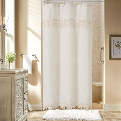 Small Stall Linen Lace Shower Curtain Liner Set 36x72 | Narrow Half Farmhouse Shower Curtain with Macrame Decor, Cotton Bohemian French Country Bath Curtain , Beige/Cream