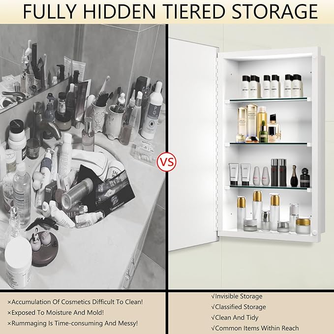 16"x20" Medicine Cabinet,HD Bathroom Mirror Cabinet with Beveled Mirror,Removeable Shelves, Recessed and Surface Mount,Frameless Bathroom Mirror with Storage