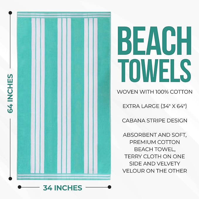 Superior Oversized Cotton Beach Towel Set of 2, Absorbent Towels for Bathroom, Beach, Pool, Swim, Adults, Kids, Vacation, Travel, Bath Sheet, Quick Dry Basics, Trip Essentials, Striped Decor, Mint