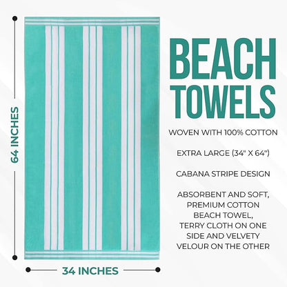 Superior Oversized Cotton Beach Towel Set of 2, Absorbent Towels for Bathroom, Beach, Pool, Swim, Adults, Kids, Vacation, Travel, Bath Sheet, Quick Dry Basics, Trip Essentials, Striped Decor, Mint