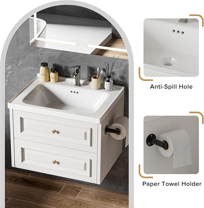 24" Bathroom Vanity with Sink, Floating Bathroom Vanity with with Marble Ceramic Basin Top and 2 Storage Drawers, Modern Storage Cabinet for Small Space, White