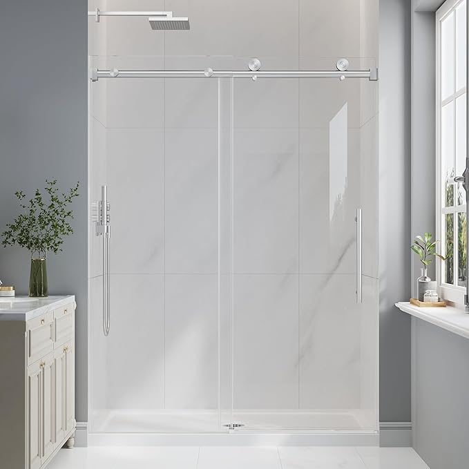 43-48" W x 76" H Frameless Sliding Shower Doors Brushed Nickel | 1/4''(6mm) Tempered Glass,Explosion Proof Film,Nano Coating,Stainless Steel Hardware,Easy to Clean,Customizable Width