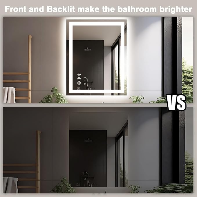 EchosLife 28"x36" LED Bathroom Mirrors for Wall | Backlit + Front Lit, Anti-Fog, Stepless Dimmable, 3 Colors, Memory, Tempered Glass, UL Listed, Horizontal/Vertical