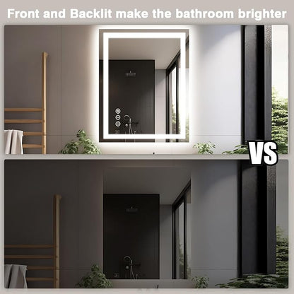 EchosLife 28"x36" LED Bathroom Mirrors for Wall | Backlit + Front Lit, Anti-Fog, Stepless Dimmable, 3 Colors, Memory, Tempered Glass, UL Listed, Horizontal/Vertical