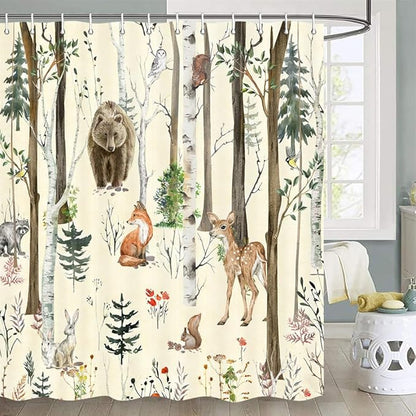 JAWO Rustic Forest Shower Curtains, Lodge Cabin Woodsy RV Shower Curtain, Wildlife Animals Woodland Campers Camping Bathroom Set with Hooks, 60X70 Inch, Beige