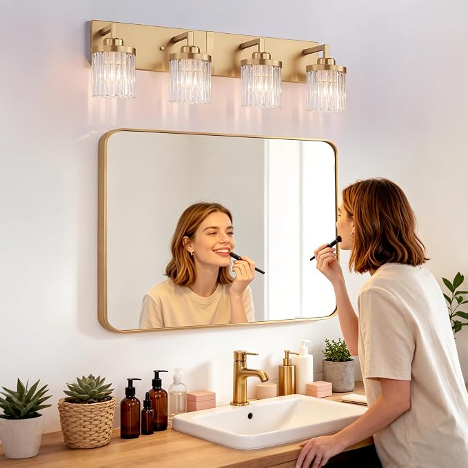 Modern 4-Light Gold Vanity Lights, Crystal Glass Bathroom Fixtures | Brushed Gold Finish, Rust-resistant Metal, Industrial Design, E26 Compatible, Over Mirror Wall Light for Bathroom Restroom