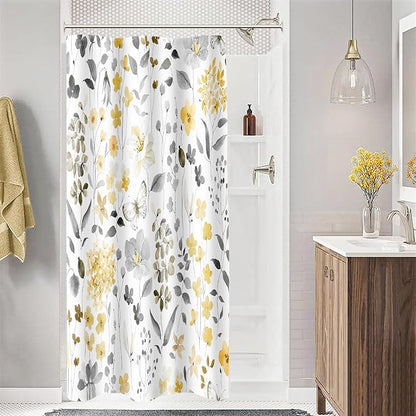 Small Stall Shower Curtain 36 x 72 Inch, Half Narrow Yellow Grey Floral Shower Curtain for Bathroom, Watercolor Flower Butterfly Fabric Shower Curtain Set with Hooks