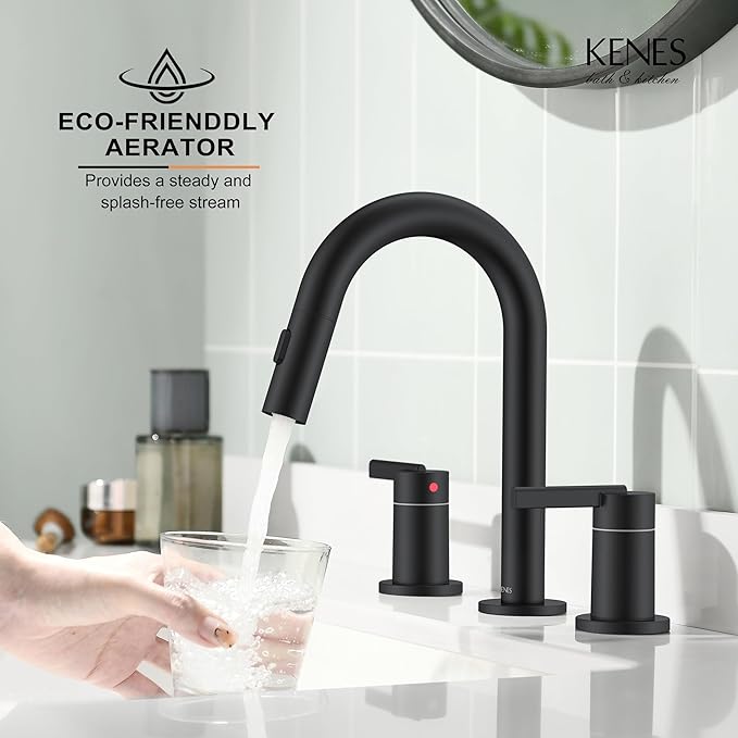 KENES Matte Black Pull Out Bathroom Faucet, 8 Inch 2 Handle Widespread Bathroom Faucet 3 Hole with Pull Down Sprayer, Bathroom Sink Faucet with Pop Up Drain & Supply Lines LJ-9068-2