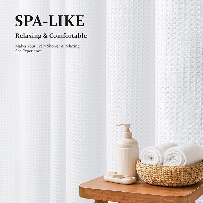 Extra Long Waffle Shower Curtain 256 GSM Fabric 72x90 White | 90 Inch Tall, Thick Cloth, Weighted Hem, Water Repellent, Hotel Luxury Polyester Shower Curtain Set for Bathroom 12 Hooks