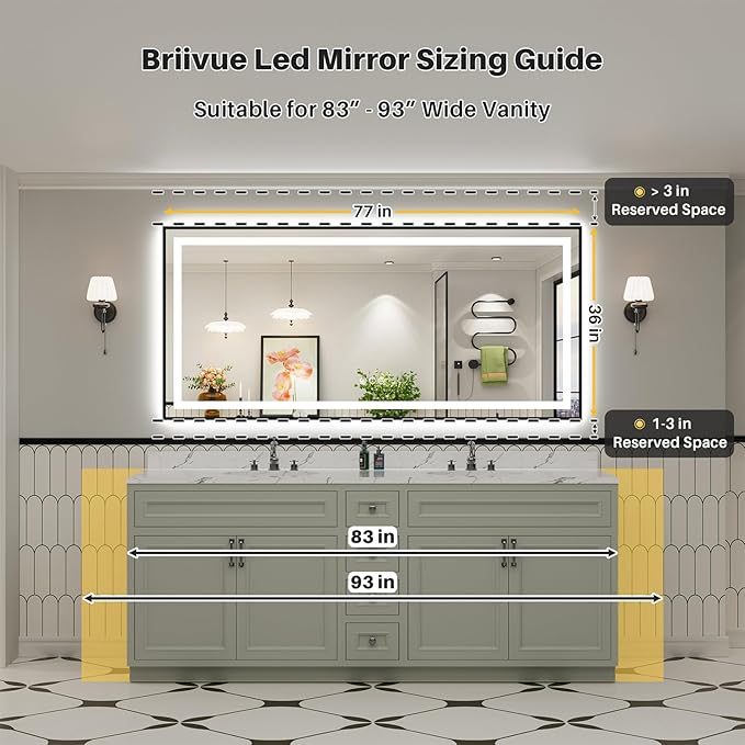 77x36 Inch LED Bathroom Mirror with Black Frame, Backlit & Front Lit, Anti-Fog Lighted Bathroom Vanity Mirror for Wall, Memory Function, Dimmable, HD Tempered Glass, Shatter-Proof