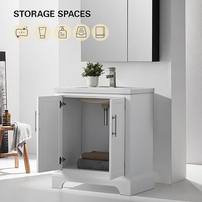 HOMEBEYOND 30 Inch Bathroom Vanity with Single Sink & Ceramic Top, Vanity Cabinet with Center Countertop Basin, Soft-Closing Doors,White