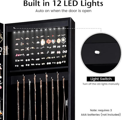 COSTWAY 12 LED Mirror Jewelry Cabinet, Freestanding Jewelry Storage Organizer w/Full Length Mirror, Large Capacity Jewelry Armoire w/Bottom Shelf, Mirror with Jewelry Storage for Women Girls (Black)