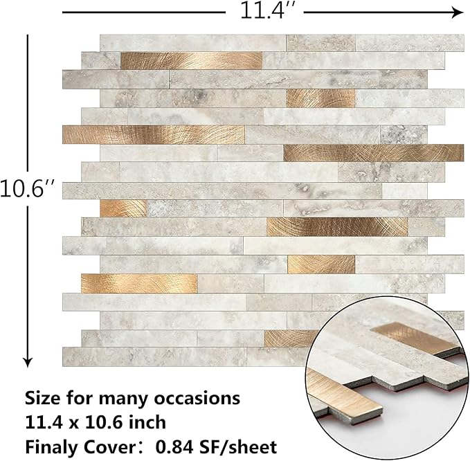 KASARO Peel and Stick Marble Backsplash Tile, 1-Sheet, Beige Marble with Vintage Golden Stripes, Self-Adhesive Aluminum Wall Tile for Kitchen, Bathroom, Fireplace, RV (11.4”x10.6”, 4mm Thick)