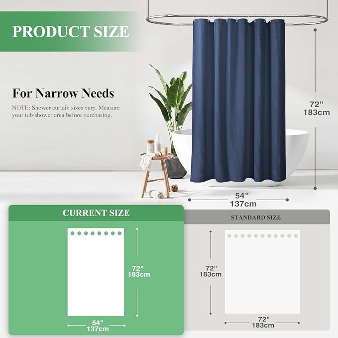 Stall Waffle Shower Curtain 256 GSM Heavy Fabric 54x72 Navy Blue | 54 Inch Wide, Thick Cloth, Weighted Hem, Water Repellent, Hotel Luxury Polyester Shower Curtain Set for Bathroom 10 Hooks