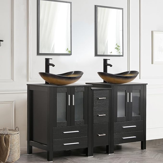 UEV 60" Double Sink Bathroom Vanity,Black Bathroom Vanity with Double Side Vanity Cabinets & Removable 3 Drawer Storage Cabinet with ModernVessel Sink,Mirror Not Included(029CH)