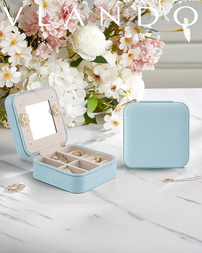 VLANDO Teacher Appreciation Graduation Gifts - Small Travel Jewelry Box Organizer - Display Case for Girls Women Gift Rings Earrings Necklaces Storage with Mirror Blue | Necklace Hook for Anti-tangle, Removable Dividers, Waterproof PU Leather,Portable ...