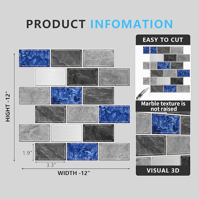 URCOLOR 10-Sheet Peel and Stick Backsplash Tiles Subway for Kitchen,12"x12" Self Adhesive Wall Tile Sticker on Back Splashes for Bathroom Grey Blue Marble Design