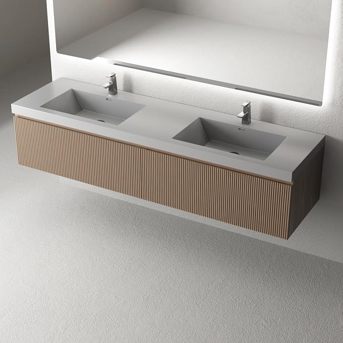 72 Inch Floating Bathroom Vanity with Double Sinks, Wall-Mounted Striped Storage Cabinet with Soft-Close Drawer, Glossy White Solid Surface Basin, Fully Assembled, Natural Oak Finish