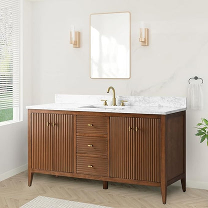 HOMEBEYOND 60" Bathroom Vanity with Single Sink, Solid Wood Bathroom Vanity Free-Standing Cabinet, Ceramic Top & Soft Closing Door, Golden Brushed Handware, Walnut