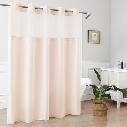 No Hook Shower Curtain with Snap-in Liner, Embossed Waffle Design Fabric Shower Curtain for Bathroom, Soft & Lightweight, 71x74, Pink