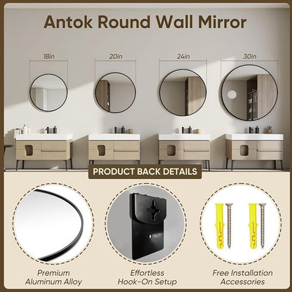 Antok 20 Inch 2PCS Round Mirror for Wall, Round Bathroom Mirror, Circle Wall Mirrors with Black Metal Frame, Circle Mirrors Suitable for Wall, Bathroom, Vanity, Living Room, Entryway