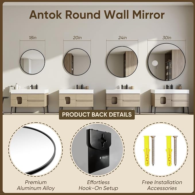 Antok 24 Inch 2PCS Round Mirror for Wall, Round Bathroom Mirror, Circle Wall Mirrors with Black Metal Frame, Circle Mirrors Suitable for Wall, Bathroom, Vanity, Living Room, Entryway