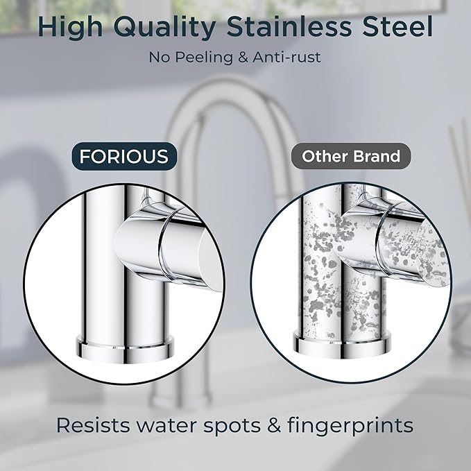 FORIOUS Chrome Bathroom Faucet with Pull Down Sprayer, Single Hole Bar Sink Faucet 1 Hole with Pop Up Drain Hose, Suitable for Bathroom, RV,Vanity, Restroom & Utility Sink