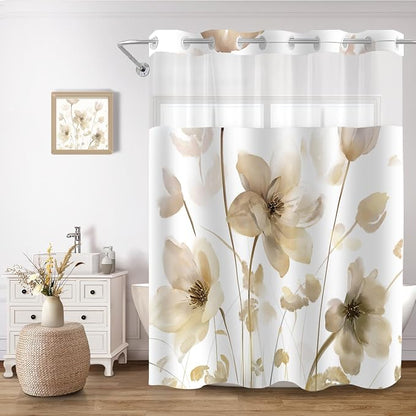 No Hook Shower Curtain and Liner Set, Yellow Boho Floral 71x84 | Watercolor Boho Flower, with Snap in Liner, Waterproof, Machine Washable, Quick-Drying, for Hotel Bathroom