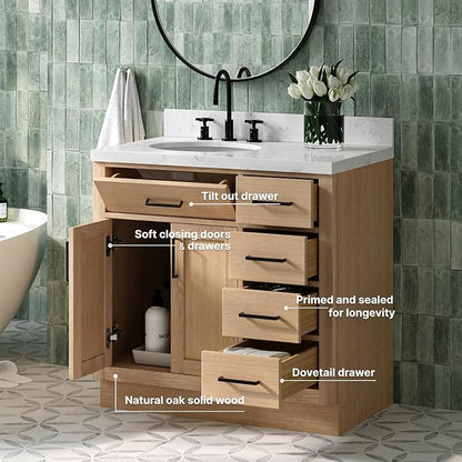 ARIEL Hepburn 36-inch Bathroom Vanity Base Cabinet,Solid Wood, 2 Soft Closing Doors, 5 Dovetail Drawers, White Oak