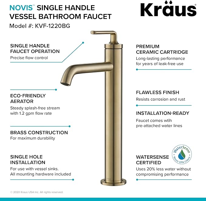 KRAUS Ramus Single Handle Vessel Sink Bathroom Faucet with Pop-Up Drain in Brushed Gold, KVF-1220BG-2PK