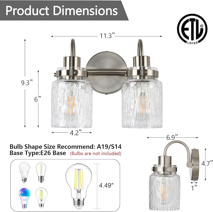 2 Lights Bathroom Vanity Light, Brushed Nickel Bathroom Light Fixtures with Hammered Glass Lampshade for Dressing Table,Over Mirror,Hallway