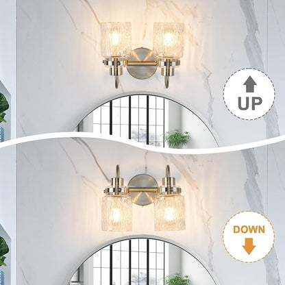 2 Lights Bathroom Vanity Light, Brushed Nickel Bathroom Light Fixtures with Hammered Glass Lampshade for Dressing Table,Over Mirror,Hallway