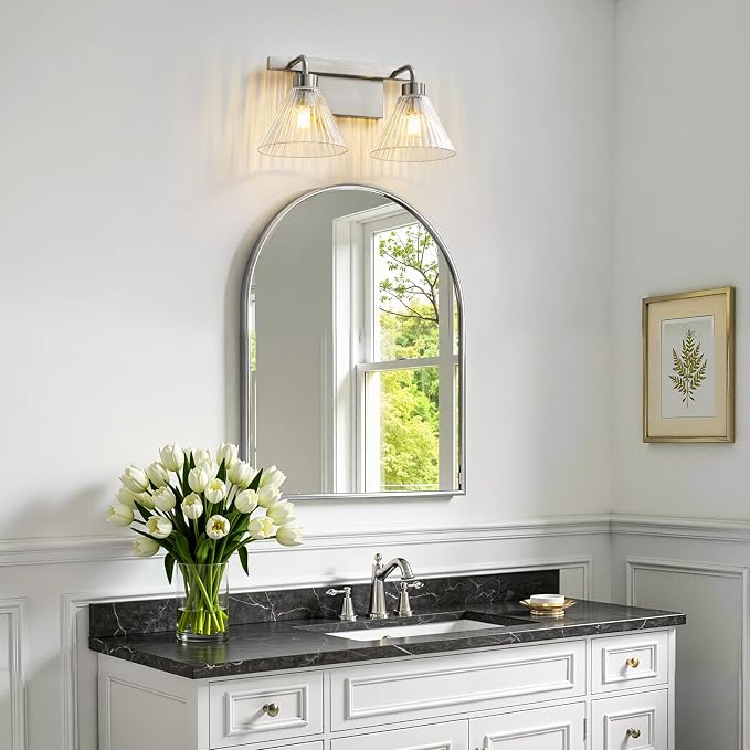AIJIASI Modern Bathroom Light Fixtures 2-Light Brushed Nickel Vanity Lights for Bathroom with Ribbed Glass Shade 16 Inch Bathroom Lighting Fixtures Over Mirror Wall Sconce for Bedroom Living Room