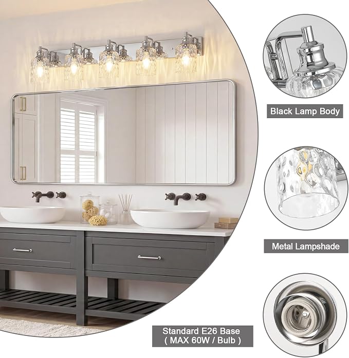 Bathroom Light Fixtures Over Mirror, 2 Lights Vanity Lights with Hammered Glass Shade, 37" Chrome Farmhouse Bathroom Light Fixtures for Bedroom, Porch, Hotel, Mirror Cabinet
