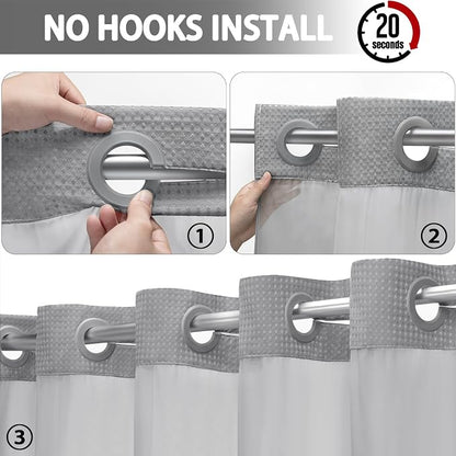 No Hook Shower Curtain with Liner Set Hotel Waffle Curtain Grey 78W X 75L | Washable Snap in Fabric Liner, Mesh Top Window, Waffle Hotel Style Shower Curtain Set