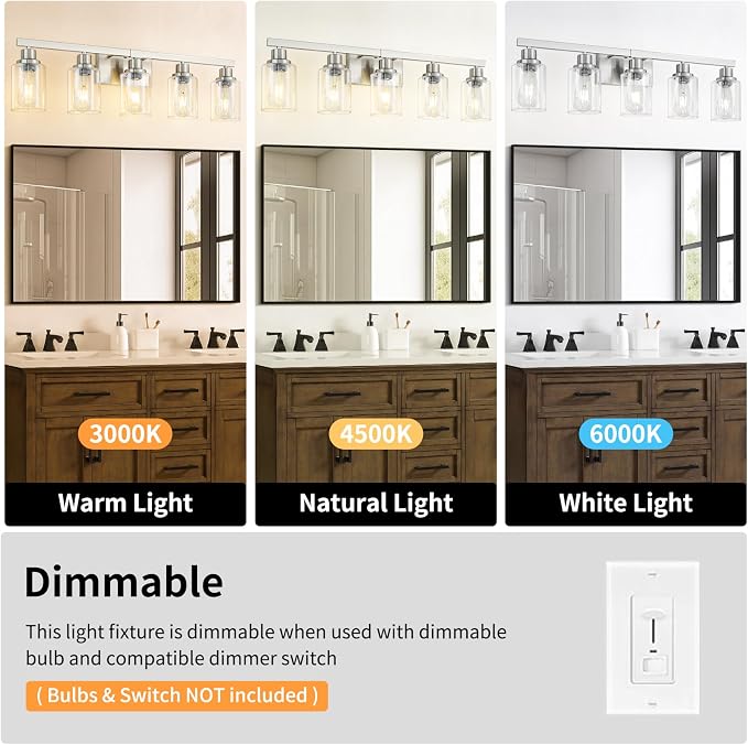 Bathroom Vanity Light, 5-Light Nickel Modern Matte Wall Sconce Lighting with Clear Glass Shade, Wall Lights,Bath Vintage Wall Mounted Lamps for Mirror Bedroom Living Room