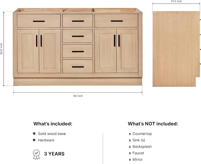 ARIEL Hepburn 60-inch Bathroom Vanity Base Cabinet,Solid Wood, 4 Soft Closing Doors, 6 Dovetail Drawers, White Oak