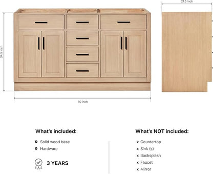 ARIEL Hepburn 60-inch Bathroom Vanity Base Cabinet,Solid Wood, 4 Soft Closing Doors, 6 Dovetail Drawers, White Oak