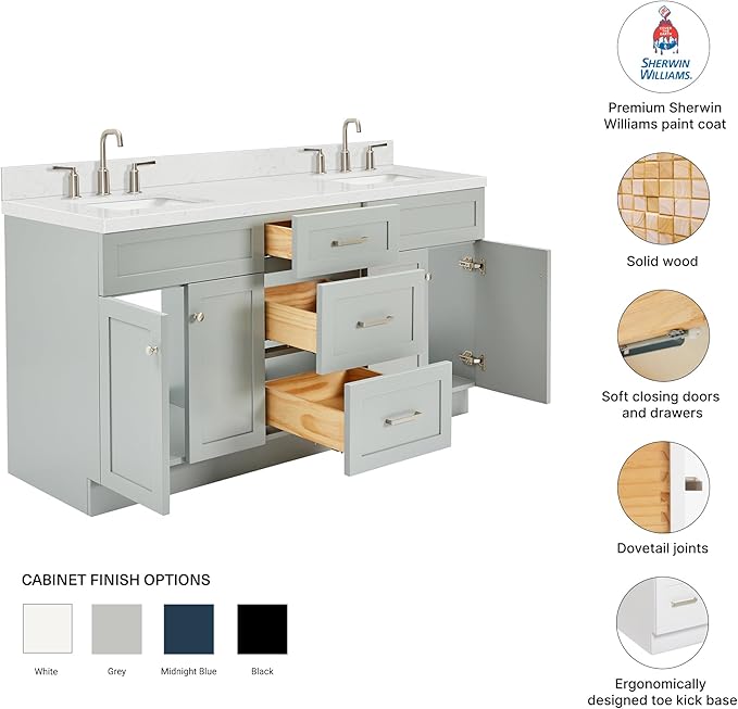 DKB Bradford 66-Inch Grey Double Bathroom Vanity, 1.5-Inch Carrara Quartz Countertop & Splash, Double Rectangular Sinks, 2 Soft Closing Doors, 3 Dovetail Drawers, Toe Kick, Brushed Nickel