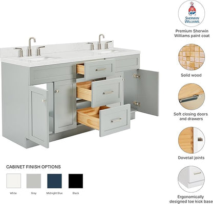 DKB Bradford 66-Inch Grey Double Bathroom Vanity, 1.5-Inch Carrara Quartz Countertop & Splash, Double Rectangular Sinks, 2 Soft Closing Doors, 3 Dovetail Drawers, Toe Kick, Brushed Nickel