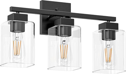 Espird Matte Black Bathroom Vanity Light, 3-Light Vanity Lighting fixtures Over Mirror, Square Design & UL Certification, Wall Sconces with Clear Glass Shades, E26 Socket (Bulbs Not Included)