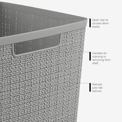 Curver Set of 8 Small 4.5L Jute Decorative Plastic Organization and Storage Baskets - Perfect Bins for Home Office, Closet Shelves, Kitchen Pantry and All Bedroom Essentials, Grey