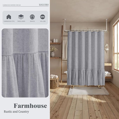 Farmhouse Shower Curtain Ruffle Linen Flax Grey 72" W x 72" L | Linen Fabric, Farmhouse Boho, Bottom Ruffle, Rustic, Country, Natural Look, Washable, Shower Curtain for Bathroom Bathtub