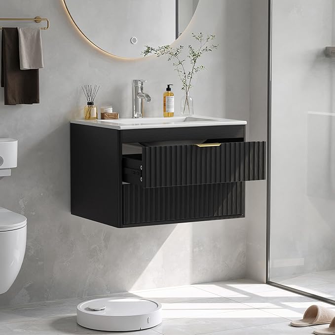 24 Inch Floating Bathroom Vanity with Sink, Bathroom Wall Cabinet with 2 Fluted Drawers & Metal Handle, Wall Mounted Cabinet for Bathrooms (Black, 24 inch, with Sink)