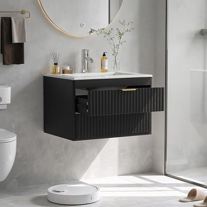 24 Inch Floating Bathroom Vanity with Sink, Bathroom Wall Cabinet with 2 Fluted Drawers & Metal Handle, Wall Mounted Cabinet for Bathrooms (Black, 24 inch, with Sink)