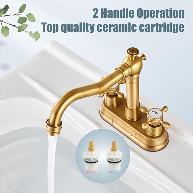 Aolemi 4 Inch Centerset Bathroom Sink Faucet Vintage 2 Cross Handle RV Mixer Tap Basin Vanity Lavatory Utility for Sink 3 Hole Include Hoses Pop Up Drain Faucet Handle with Label Antique Brass