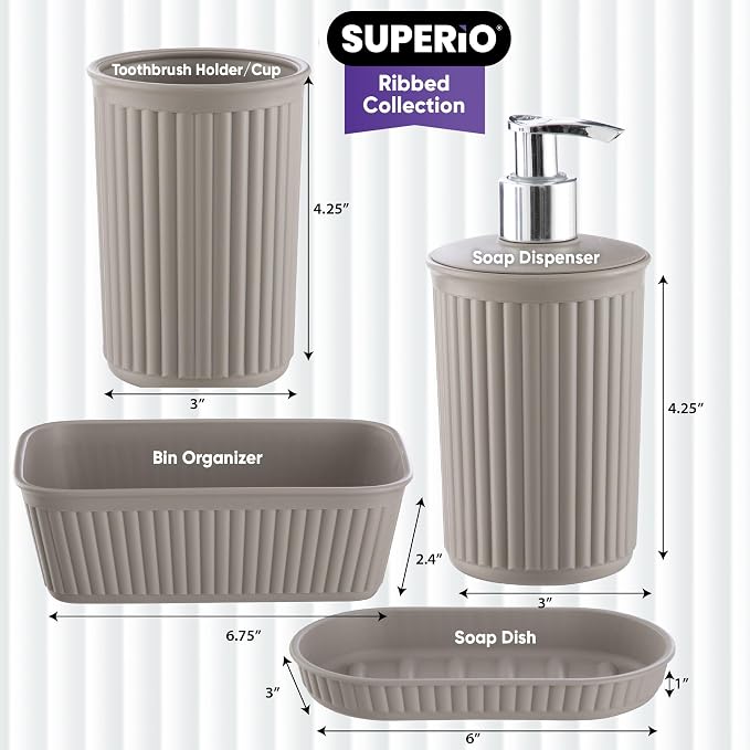 Superio Ribbed Collection - Decorative Plastic Bathroom Accessories Set, Taupe (Set of 4) Soap Dish, Liquid Dispenser, Toothbrush Holder Cup, Vanity Organizer Tray Bathroom Countertop Decor Gift
