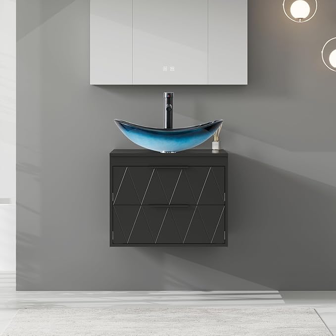 eclife 24" Floating Bathroom Vanities with Sink Combo, Wall Mounted Modern Cabinet W/Diamond Line Pattern Design, Blue Boat Glass Vessel Sink W/Water Save Faucet & Pop Up Drain, Black